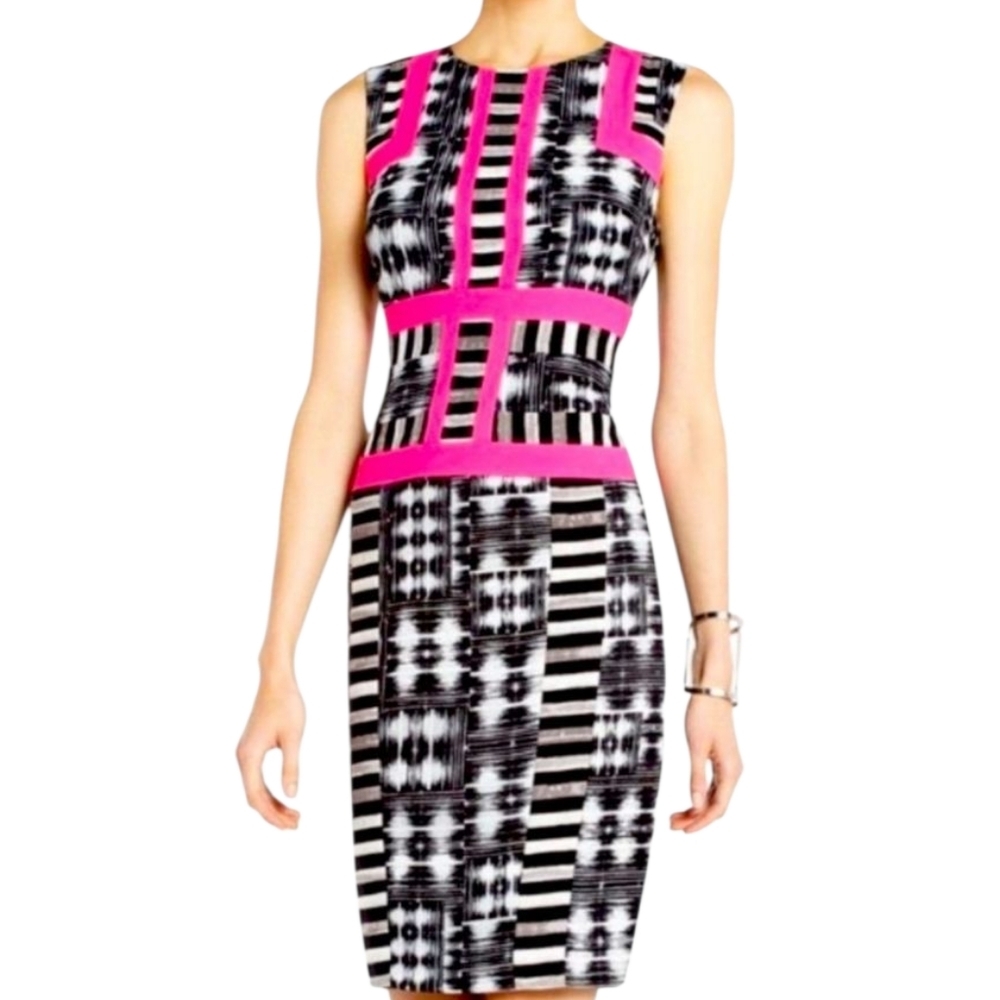 BCBGMaxAzria Black, White & Pink Patterned Midi Dress